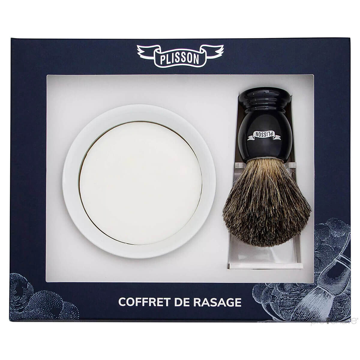 Plisson Startsæt med Russian Grey Badger Barberkost, Holder og Porcelænsskål med Barbersæbe, Sort